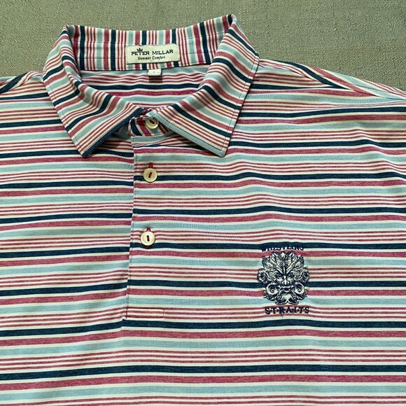 Peter Millar Summer Comfort Polo Shirt Large Pink Blue Stripe Wristling Straits - Picture 3 of 15